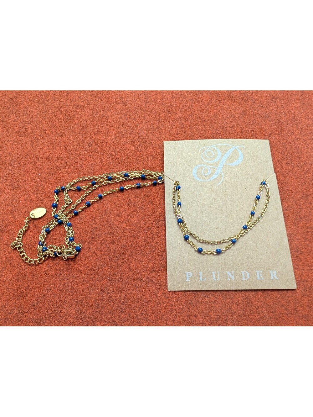 Plunder Jewelry Gold Tone & Blue Bead Delicate Double Necklace NWT